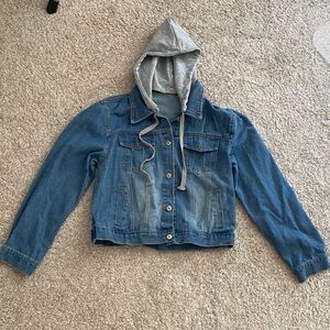 NWOT Denim Jacket with removable Hood distressed style